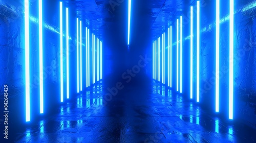 Futuristic tunnel with neon glow and geometric interior. Modern corridor design with abstract technology elements. Ideal for electronic and psychedelic-themed environments.