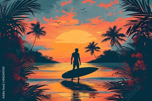 A silhouette of a man with a surfboard stands before a vibrant tropical sunset flanked by palm trees © Dragana