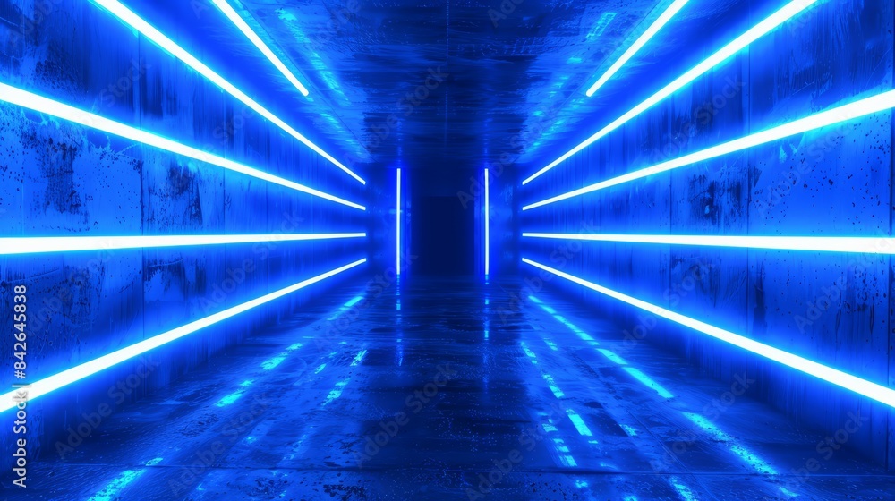Fototapeta premium Futuristic tunnel with neon glow and modern interior. Abstract corridor with geometric design and luxury illumination. Suitable for party and night club scenes.