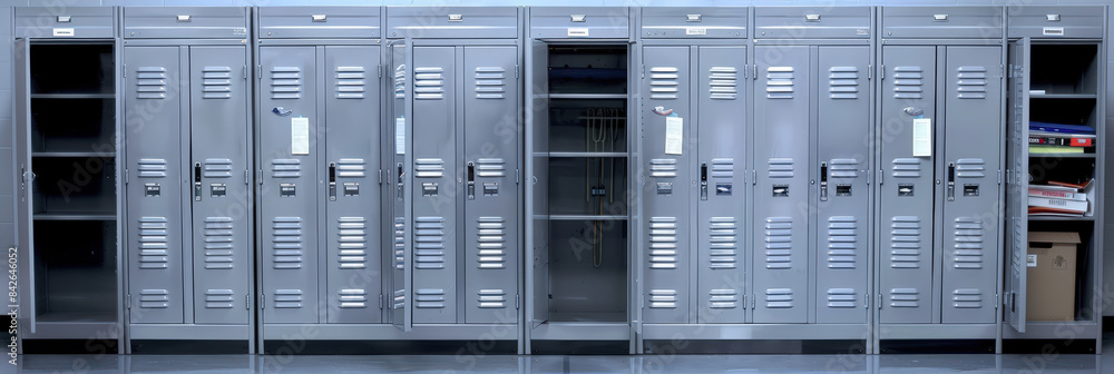 Row of metal lockers with some doors open, showcasing a secure and organized storage system. The lockers feature a sleek, industrial design, ideal for gym, school Row of metal lockers with some doors open, showcasing a secure and organized storage system. The lockers feature a sleek, industrial design, ideal for gym, school