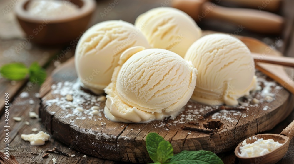 Fototapeta premium Scoops of creamy vanilla ice cream on rustic wooden board