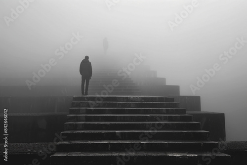 a person standing on a set of stairs in the fog