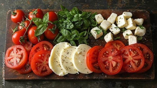 Fresh Tomato, Mozzarella, and Basil Salad on Wooden Cutting Board
