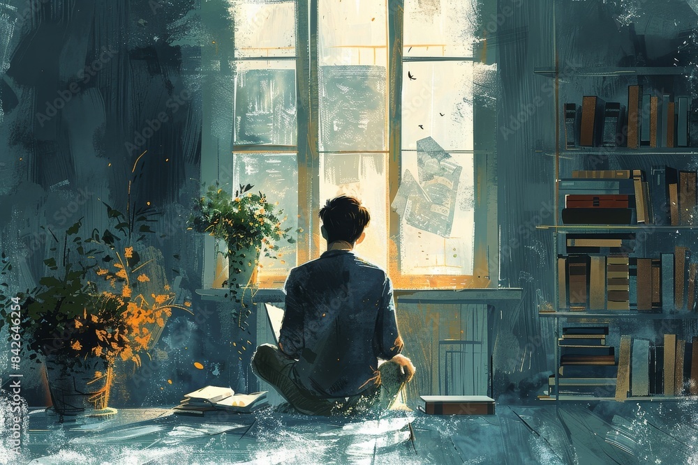 A compelling image of a man sitting next to a window in an old room, filled with books and plants, with dust particles in the air A compelling image of a man sitting next to a window in an old room, filled with books and plants, with dust particles in the air