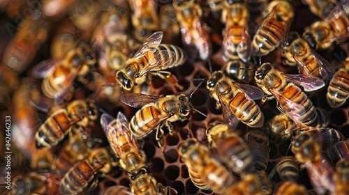 The queen apis mellifera is marked with spots and bee workers around her the life of a bee colony. Swarming bee colony congregating around their queen