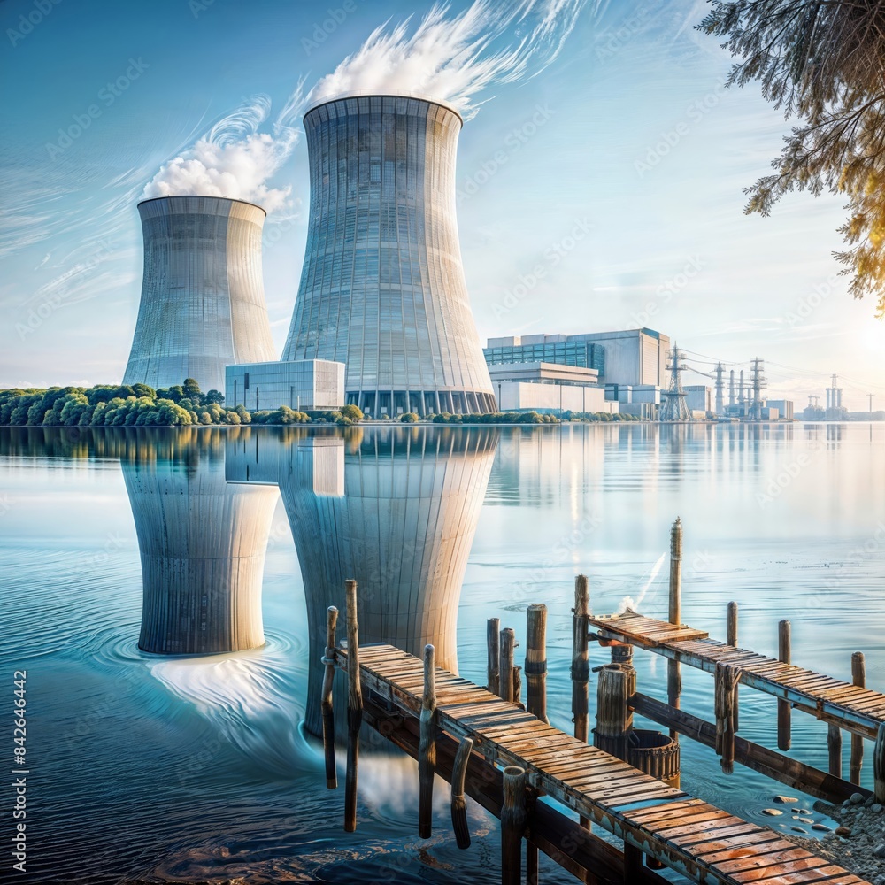 Industrial power plant with cooling towers reflecting on water near a wooden pier, under a clear sky. Industrial power plant with cooling towers reflecting on water near a wooden pier, under a clear sky.