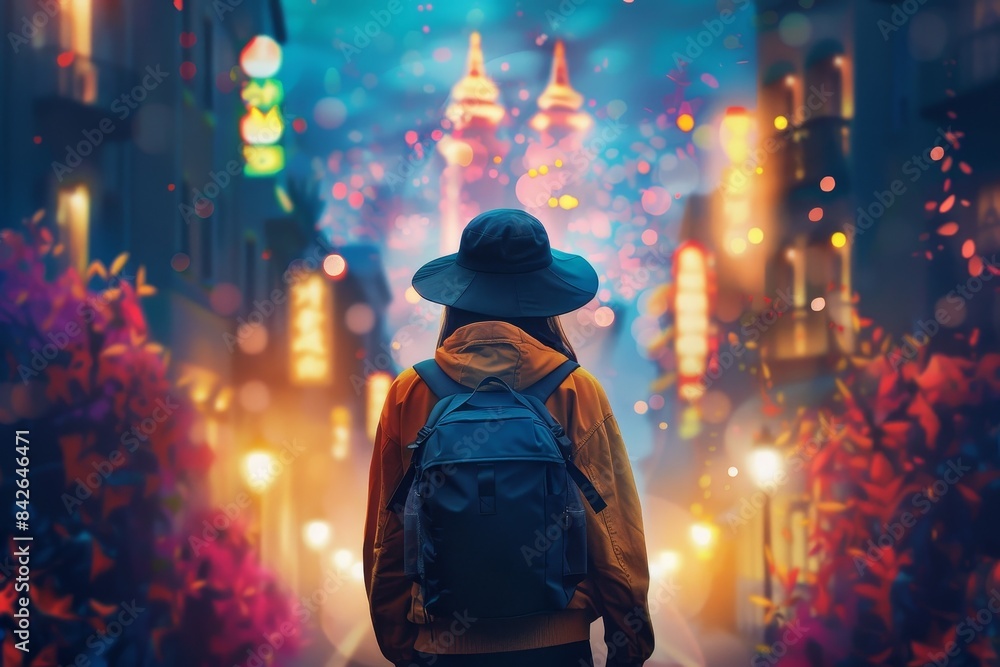 A traveler stands facing an enchanting, colorful cityscape with illuminated buildings and plants A traveler stands facing an enchanting, colorful cityscape with illuminated buildings and plants