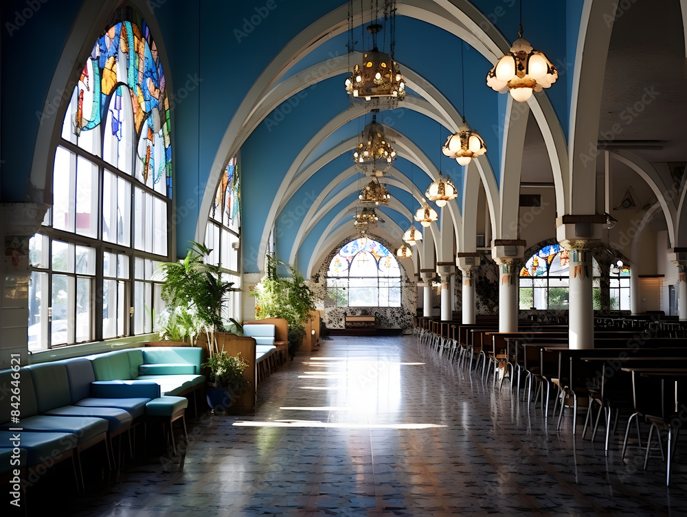 Fototapeta premium Majestic Cathedral Interior with High Ceilings, Stained Glass Windows, and Grand Architectural Details Creating a Sense of Grandeur and Spirituality Ideal for Historical and Architectural Enthusiasts