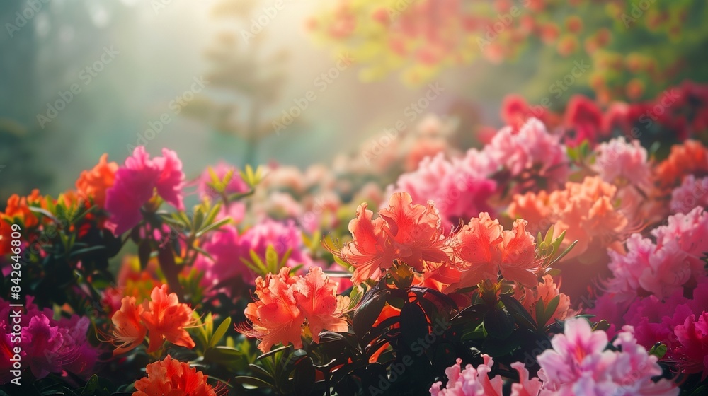 A garden filled with colorful azalea bushes in full bloom. A garden filled with colorful azalea bushes in full bloom.