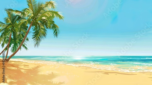 Tropical Beach with Palm Trees and Blue Sky