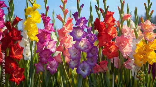 A garden full of blooming gladiolus flowers in a variety of colors. photo