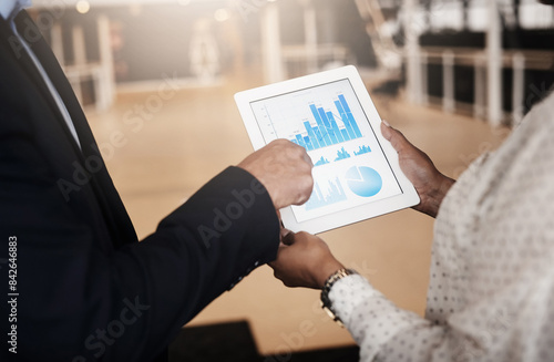 Hands, graphs and tablet for planning financial review, data report and growth chart statistics. Business people, teamwork and information by discussion, screen with analytics and company investment