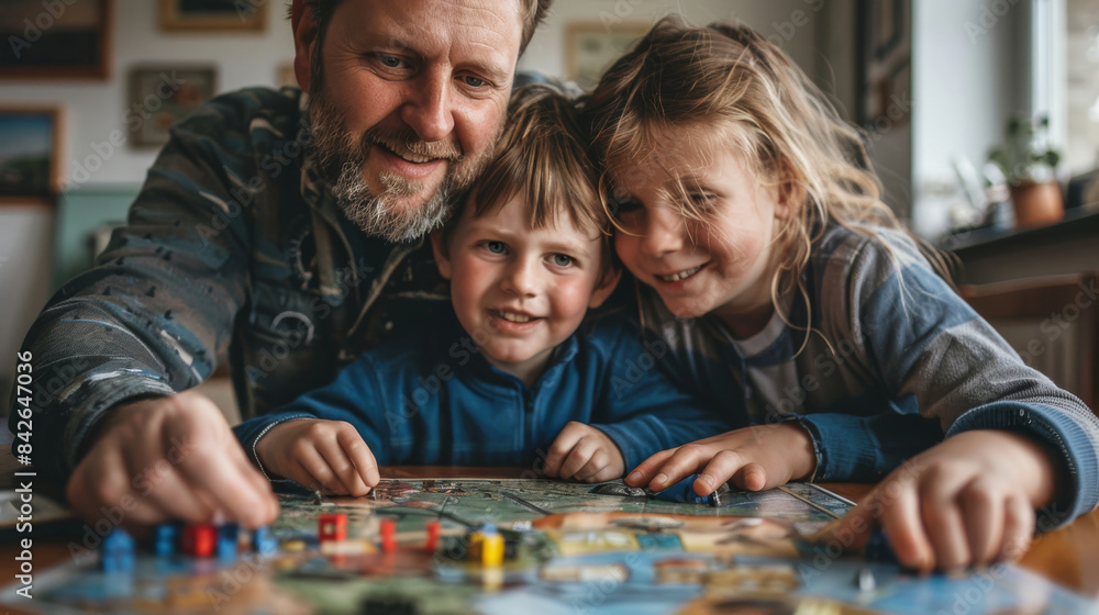 Happy Family, Father Playing Board Game with Little Children at Home. Generative ai Happy Family, Father Playing Board Game with Little Children at Home. Generative ai