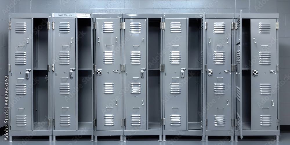 Row of metal lockers with some doors open, showcasing a secure and organized storage system. The lockers feature a sleek, industrial design, ideal for gym, school Row of metal lockers with some doors open, showcasing a secure and organized storage system. The lockers feature a sleek, industrial design, ideal for gym, school