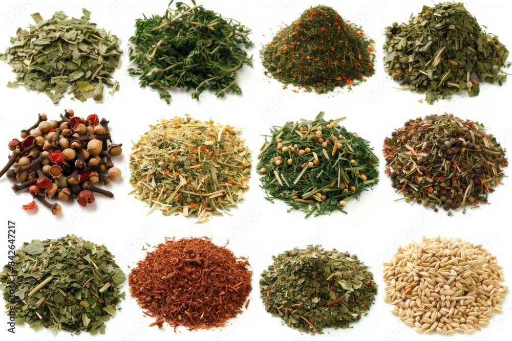 Fototapeta premium Assorted organic dried herbs and spices on white background