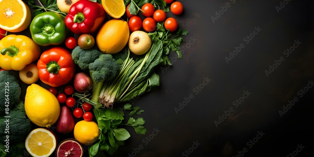 Assorted fruits and vegetables flat lay for a keto diet. Concept Food Photography, Keto Diet, Flat Lay, Fruits, Vegetables Assorted fruits and vegetables flat lay for a keto diet. Concept Food Photography, Keto Diet, Flat Lay, Fruits, Vegetables