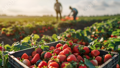 Crate full of freshly picked red strawberries standing at farm field, farmers picking berries on background photo