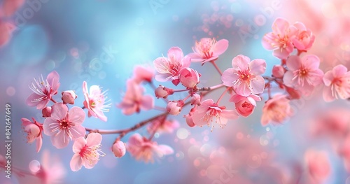 Delicate Pink Cherry Blossom Branch in Springtime