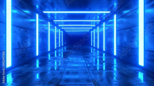 Futuristic neon room with glowing atmosphere and modern interior. Abstract tunnel design with cinematic perspective and electronic elements. Ideal for nightlife and party settings.