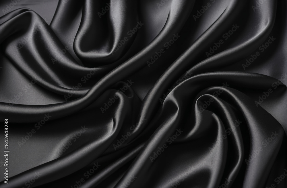 Fototapeta premium Background with empty black silk flowing fabric background, luxurious fabric textile decoration for poster, banner or cover design, for luxury product display with copy space