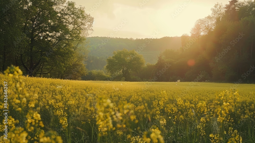 Obraz premium A scenic summer view of a blooming rapeseed field beside a forest