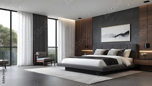 Modern bedroom design  high-end apartment or luxury hotel  with beautiful city scenery  neat sheets and pillows outside the floor to ceiling window
