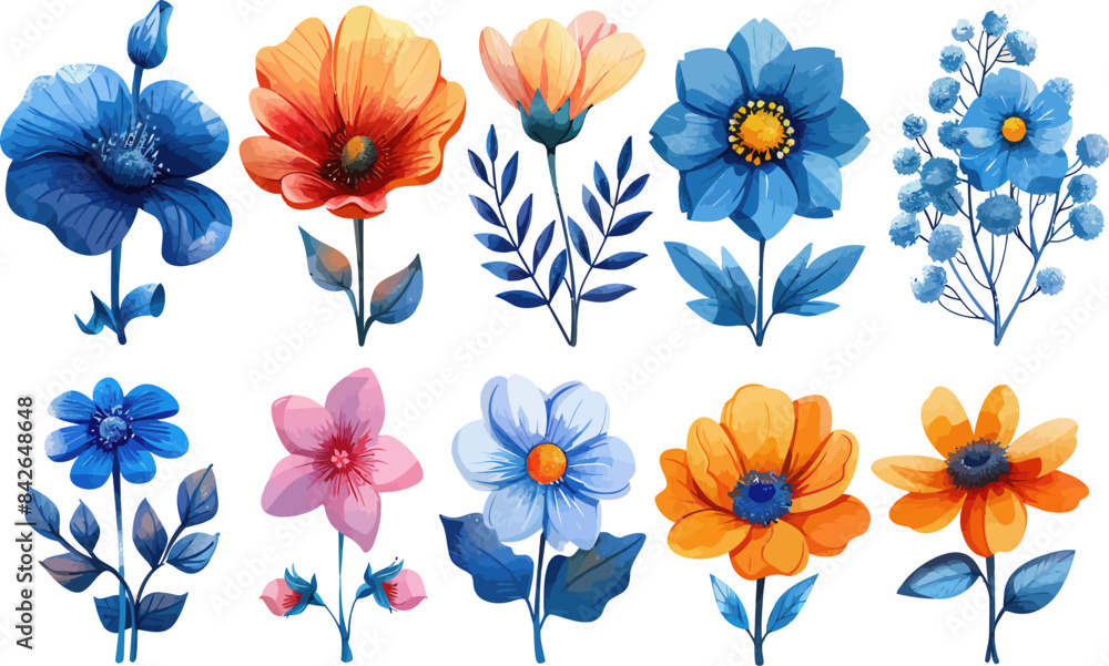 Fototapeta premium Vibrant Watercolor Floral Collection: A Delicate Array of Botanical Illustrations
