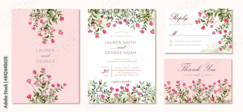 wedding invitation set with pink green floral watercolor border