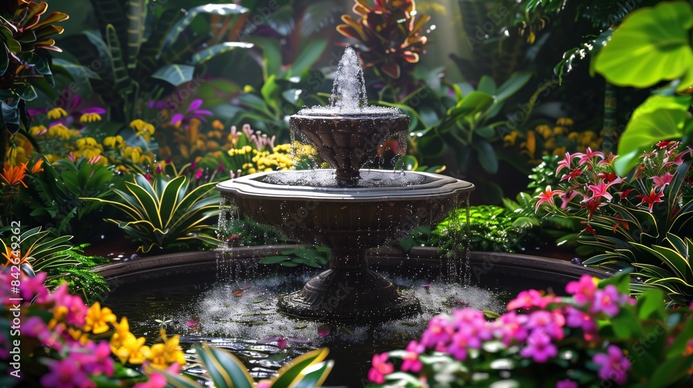A garden with a small fountain surrounded by vibrant flowers. A garden with a small fountain surrounded by vibrant flowers.