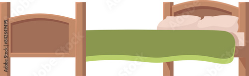 Wooden double bed with a green blanket and two pillows is depicted on a white background