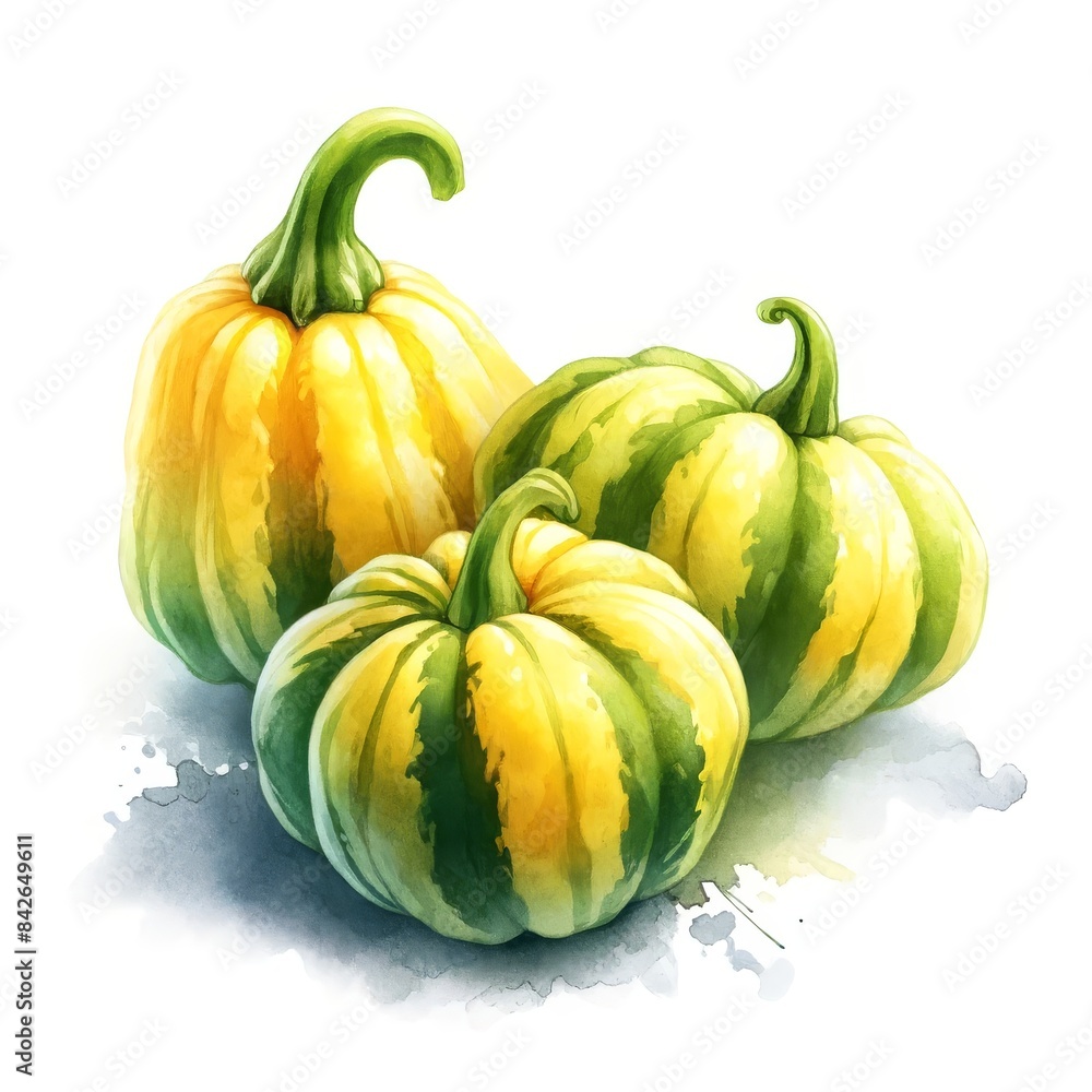 Three green and yellow striped gourds, illustrated in a detailed watercolor style, isolated on a white background. Three green and yellow striped gourds, illustrated in a detailed watercolor style, isolated on a white background.