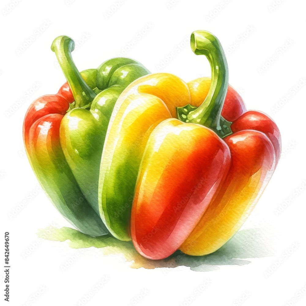 A multicolored bell pepper with red, yellow, and green sections, illustrated in a detailed watercolor style on a white background. A multicolored bell pepper with red, yellow, and green sections, illustrated in a detailed watercolor style on a white background.