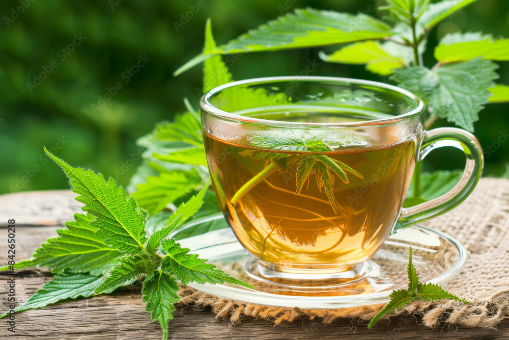 Herbal tea infusion with fresh green leaves in a glass cup Herbal tea infusion with fresh green leaves in a glass cup