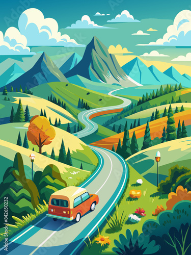 A scenic road trip through rolling hills vector