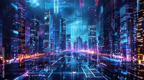 Futuristic modern cityscape with hi-tech neon glowing light effects technology background