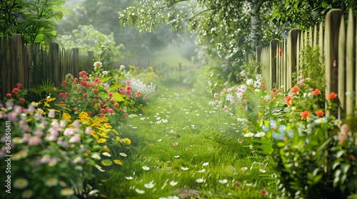 A lush, green garden with a variety of blooming summer flowers and a wooden fence.