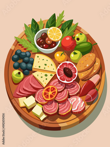 A platter of assorted charcuterie with meats and olives vector