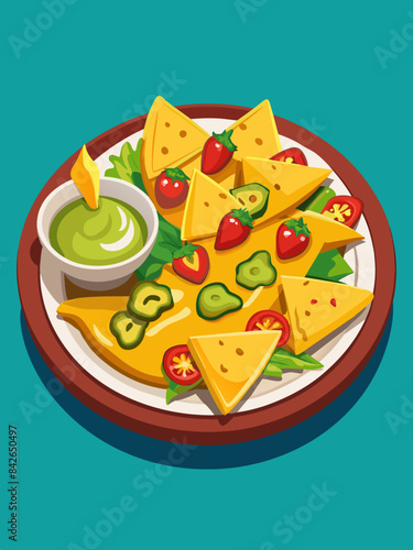 A plate of nachos with cheese, jalapenos, and guacamole vector