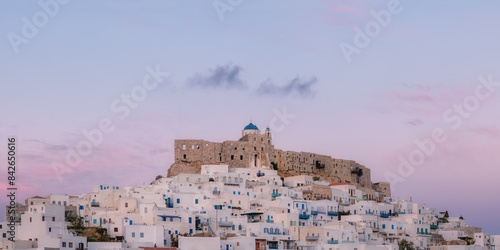 View of the castle in Astypalea, Greece during a beautiful sunset.