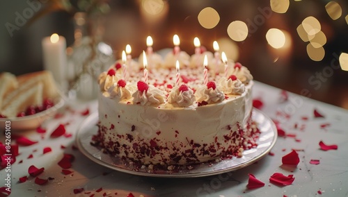 Birthday Cake With Red Candles and Confetti