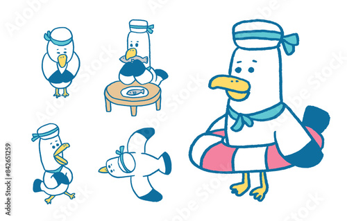 青い線で描いた面白くかわいいカモメの水平さん