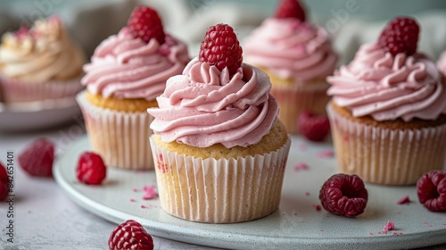 Close Up Of Pink Raspberry Cupcakes On A White Plate