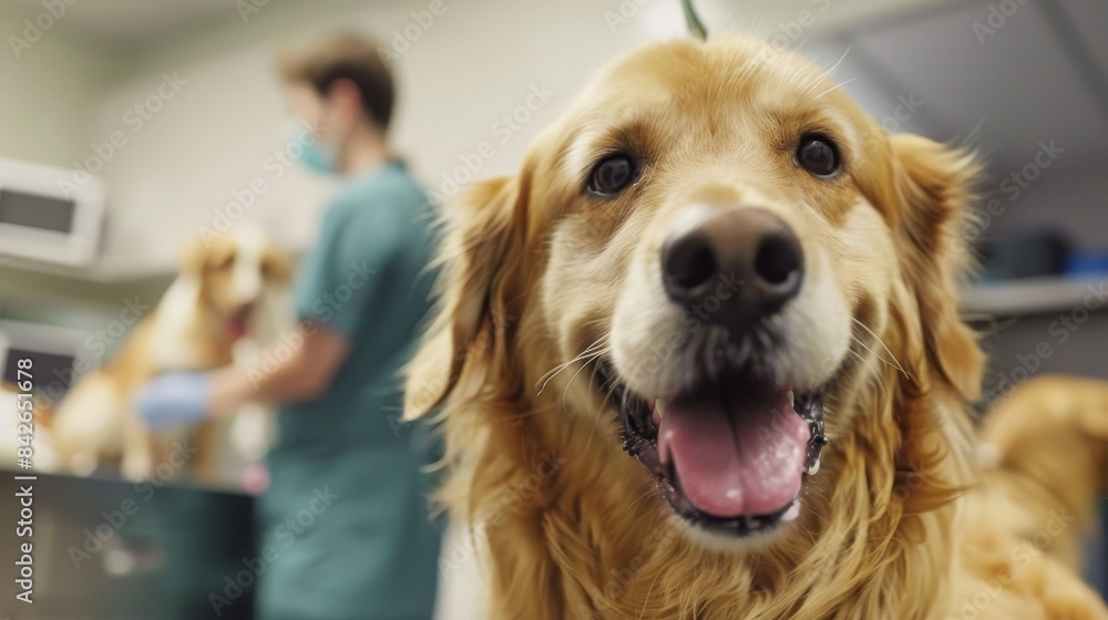 A dog is smiling at the camera in a veterinary clinic. A man in a green shirt is standing behind the dog, possibly a veterinarian A dog is smiling at the camera in a veterinary clinic. A man in a green shirt is standing behind the dog, possibly a veterinarian