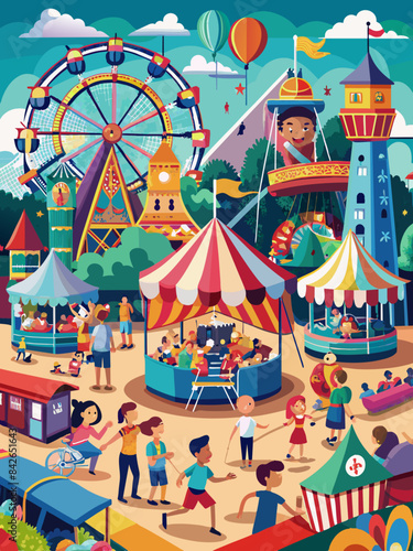A bustling summer carnival with rides and games vector