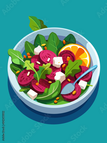 A bowl of vibrant beet salad with goat cheese vector