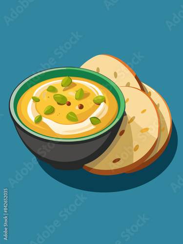 A bowl of creamy hummus with pita bread vector