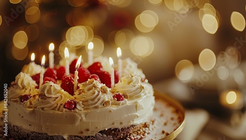 Birthday Cake With Lit Candles On A Table With Bokeh Lights