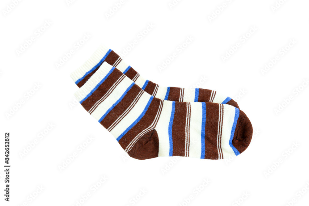 Striped socks with Brown, Blue and white isolated on white background, Striped cotton socks Striped socks with Brown, Blue and white isolated on white background, Striped cotton socks