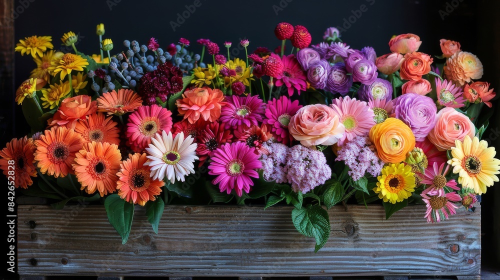 Fototapeta premium Colorful Flower Arrangement in Wooden Crate Against Dark Background