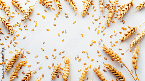 Raw wheat on white background. Healthy grains and cere photo